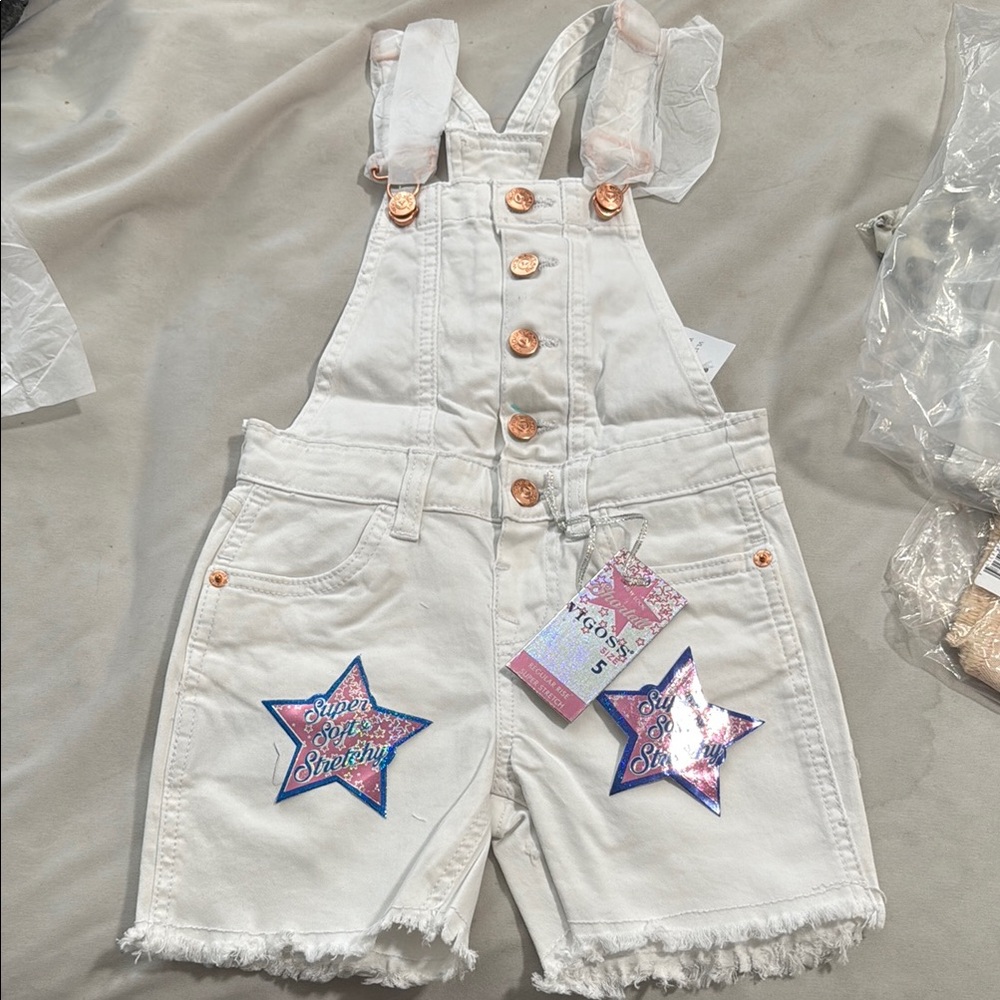 Vigoss White Denim Overalls with Star Patches